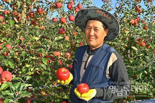 1. 빨갛게 익은 사과를 들고 있는 농민